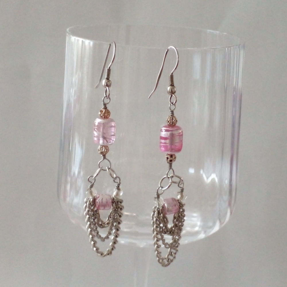 Pink & Silver Glass Beads Dangle Chain Earrings